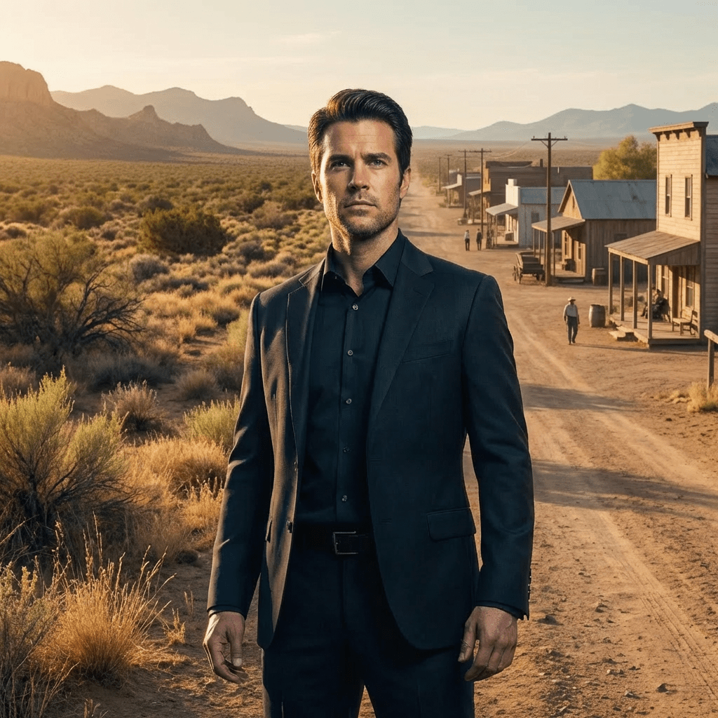 Man in a black suit standing in a desert Western town street.