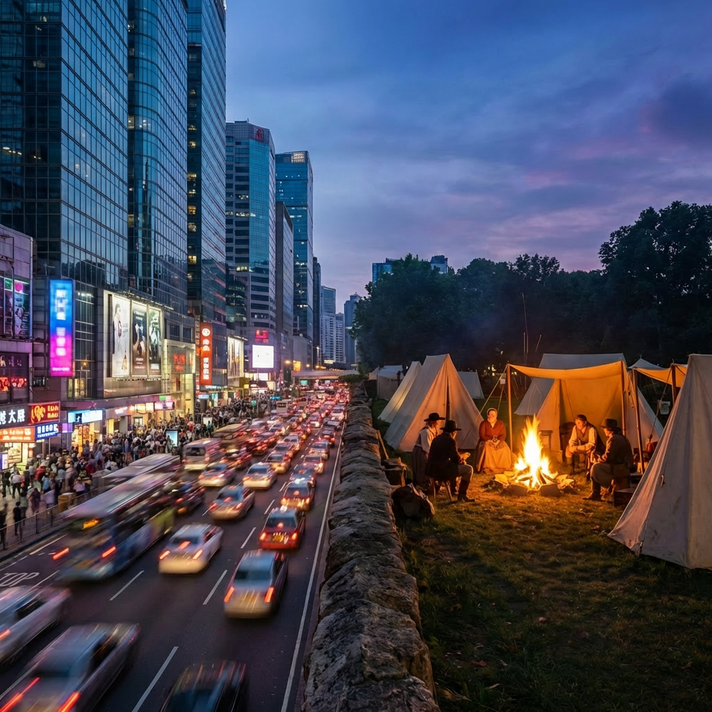 A split image contrasting busy city traffic labeled 'URBAN CHAOS' with a peaceful 'FIRELIT HISTORICAL CAMP'.