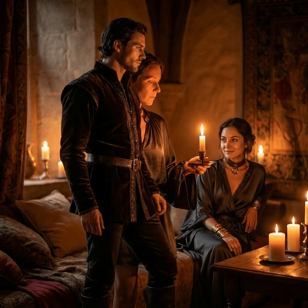 Split image of a man by a rainy window and a woman holding a candle.