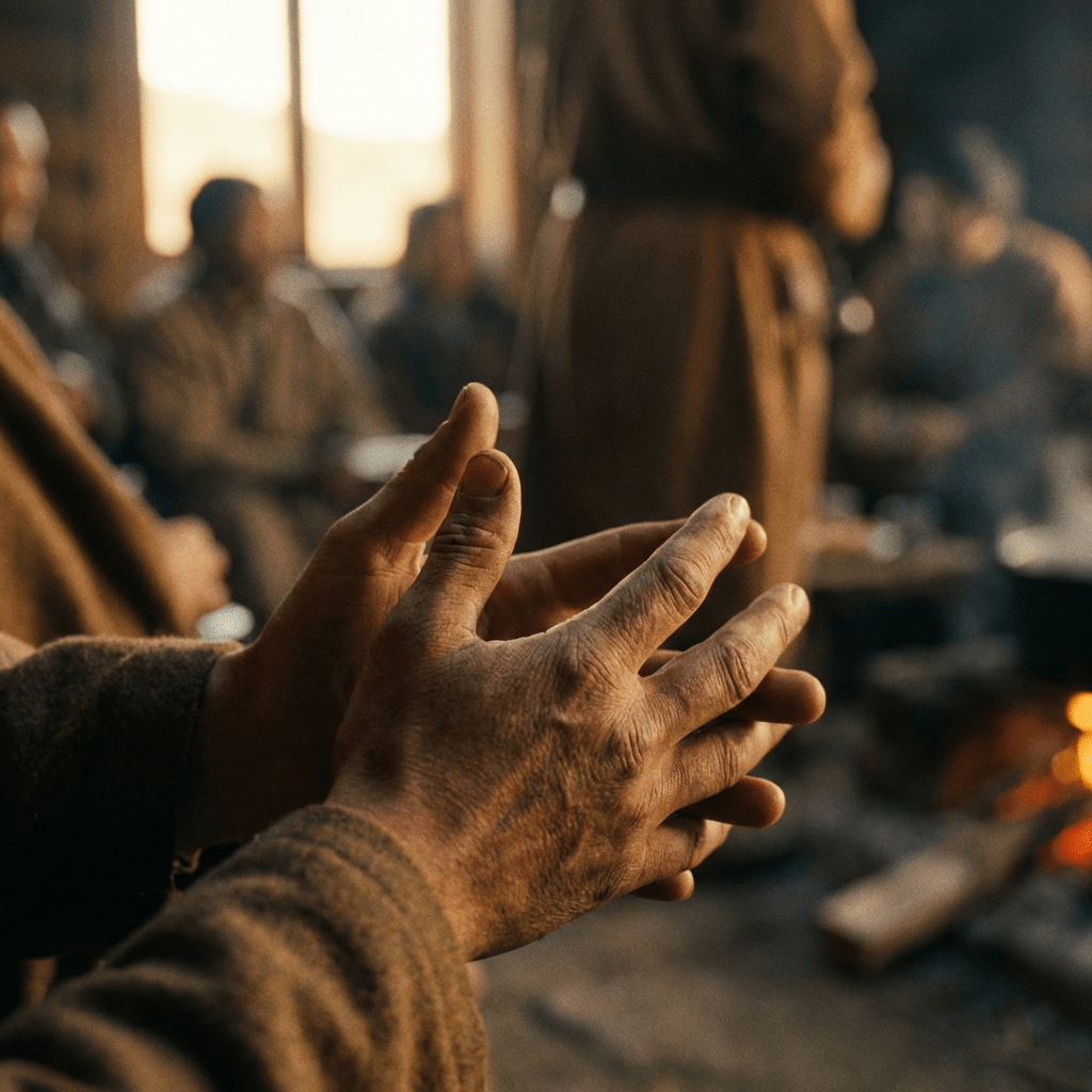 Weathered hands held close to a warm, glowing fire for comfort.